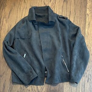 T Tahari Faux Suede Cropped Moto Biker Jacket Carbon Sky Size L